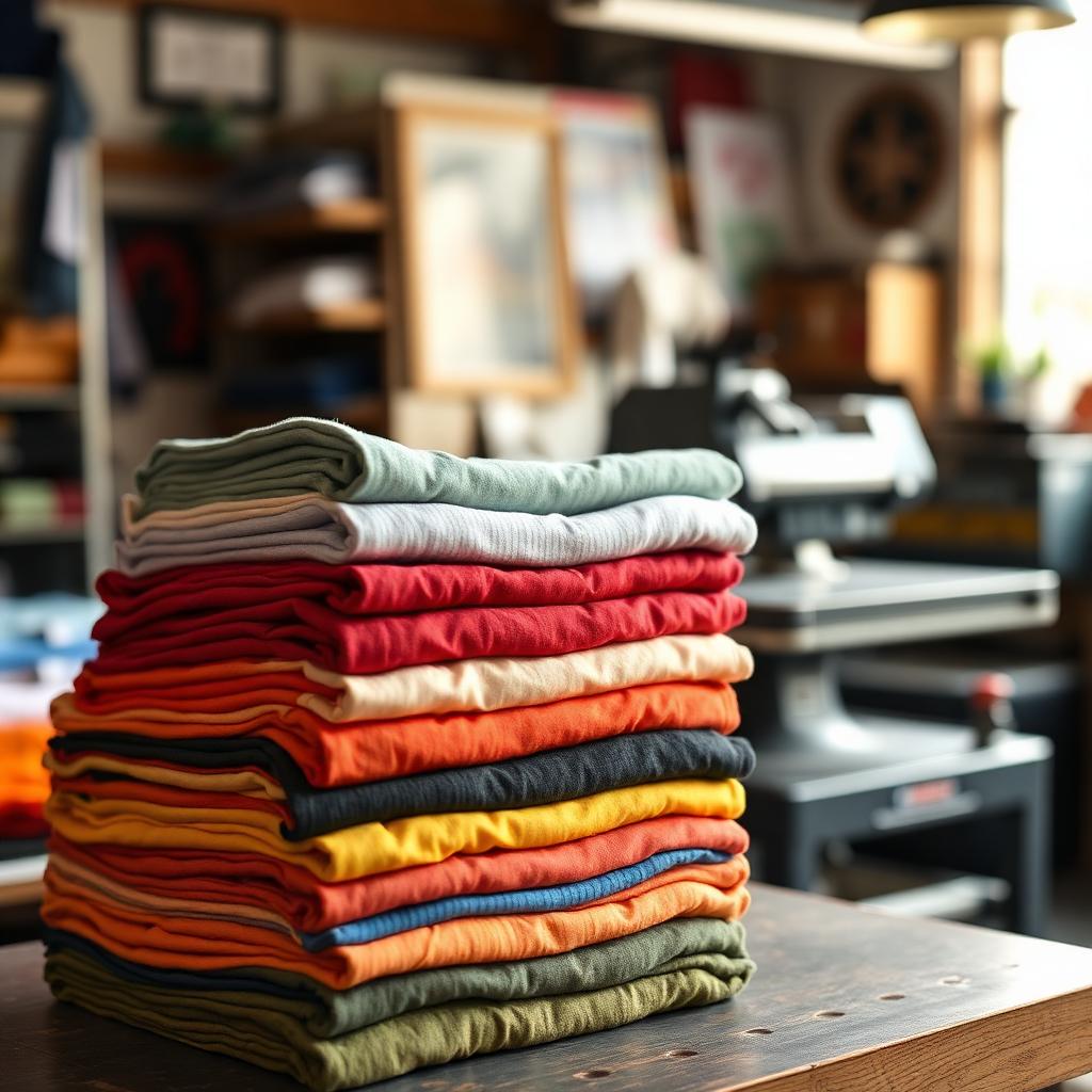 Stack of printed shirts in the Tampa print shop