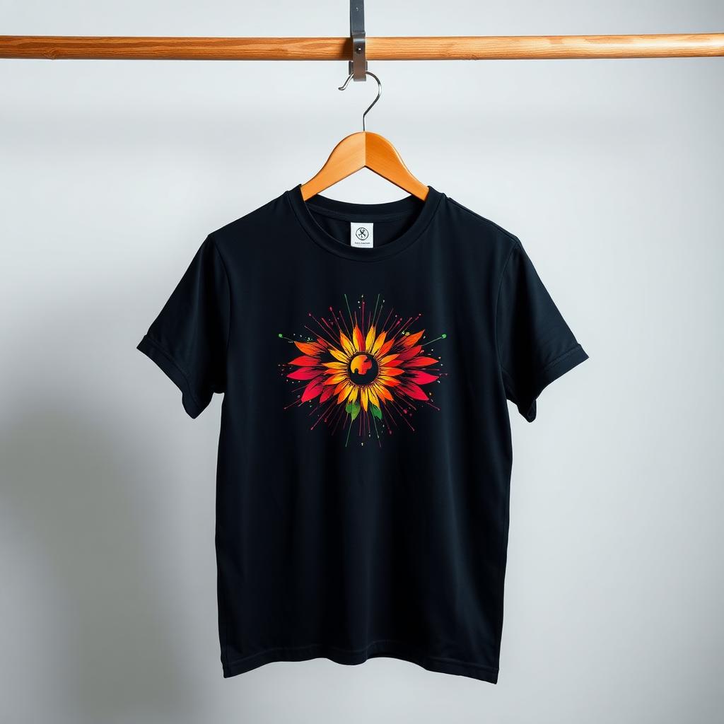 Black t-shirt with heat-pressed DTF graphic